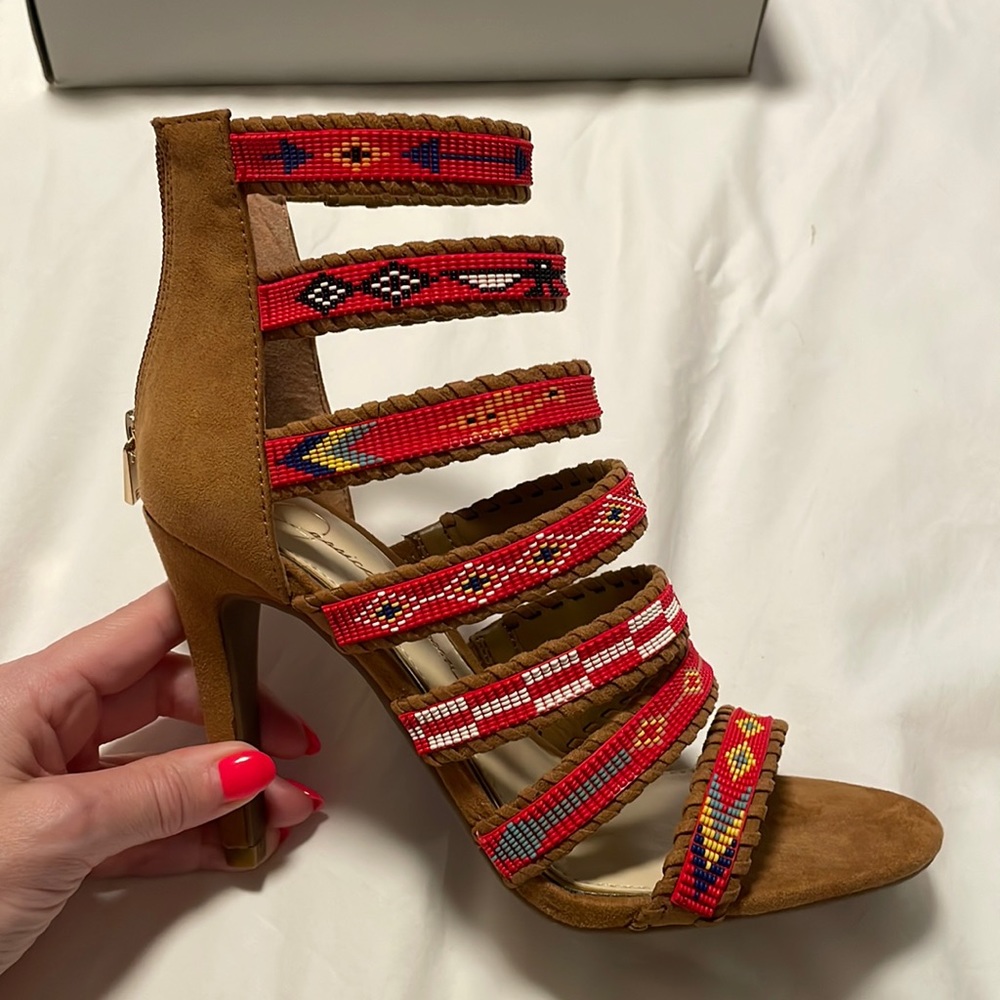 Jessica Simpson brown suede heels w/colourful detailing, size 37, never worn.